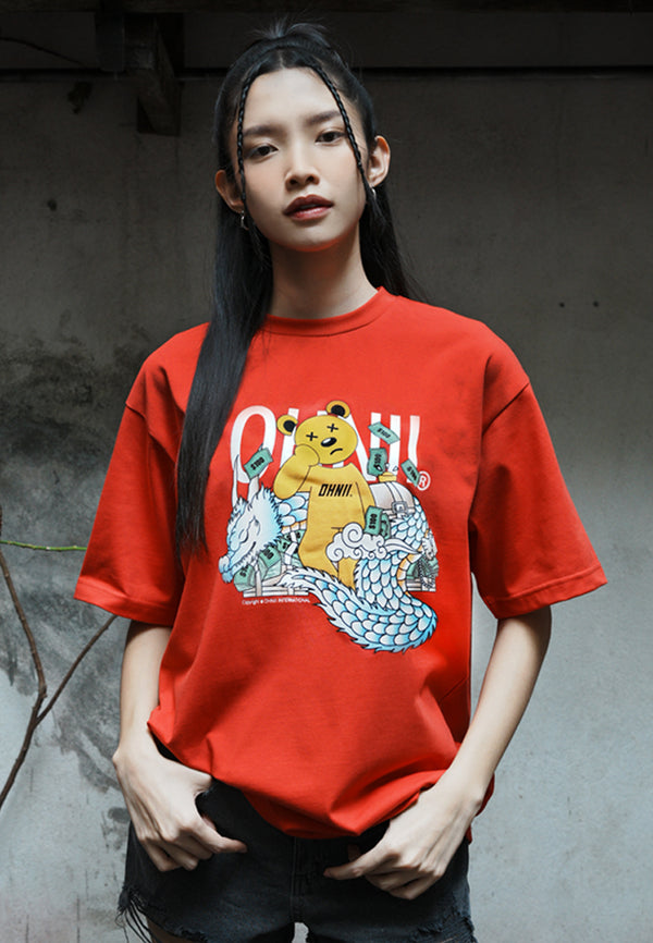 OVERSIZED DRAGON BEAR COTTON JERSEY TSHIRT (RED FRONT)