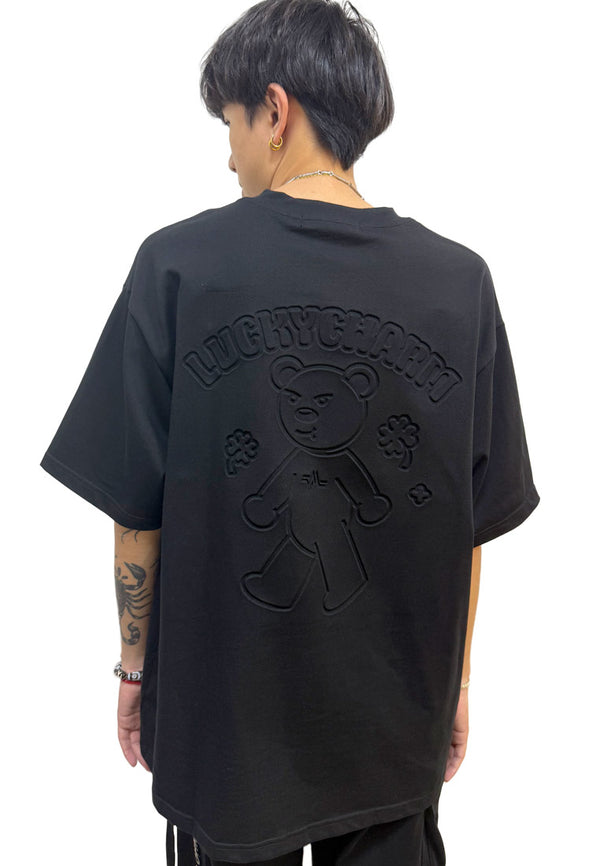 WATER-RESISTANCE: OVERSIZED 3D LUCKY CHARM HAUGHTY BEAR COTTON JERSEY TSHIRT (BLACK)