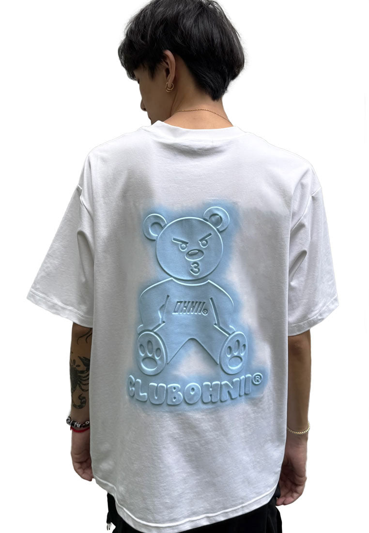 OVERSIZED 3D SITTING BLUE HAUGHTY BEAR COTTON JERSEY TSHIRT (WHITE)