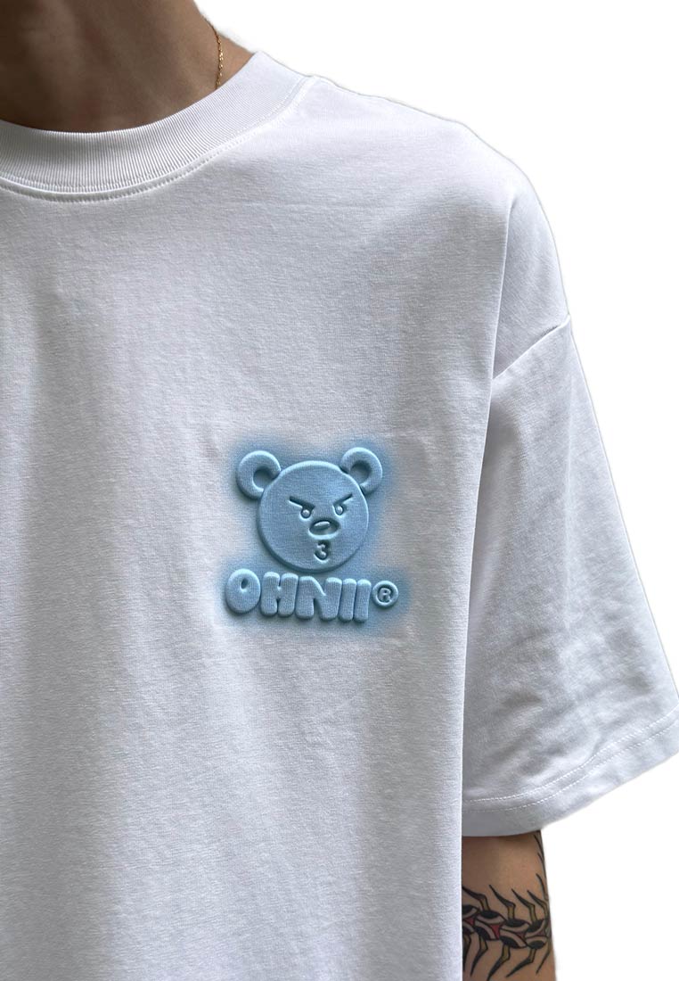 OVERSIZED 3D SITTING BLUE HAUGHTY BEAR COTTON JERSEY TSHIRT (WHITE)
