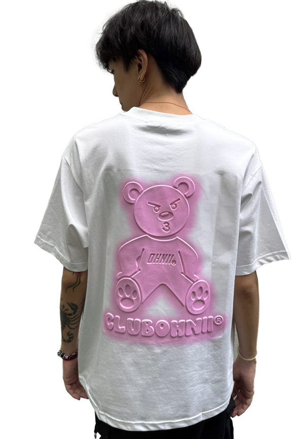 OVERSIZED 3D SITTING PINK HAUGHTY BEAR COTTON JERSEY TSHIRT (WHITE)