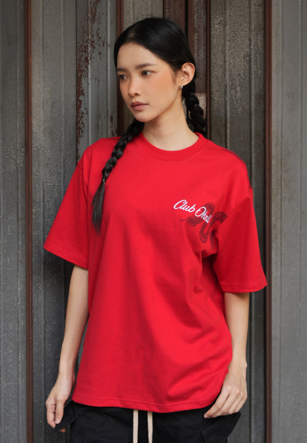 OVERSIZED BACK SNAKE VASE HAUGHTY BEAR (RED) COTTON JERSEY TSHIRT