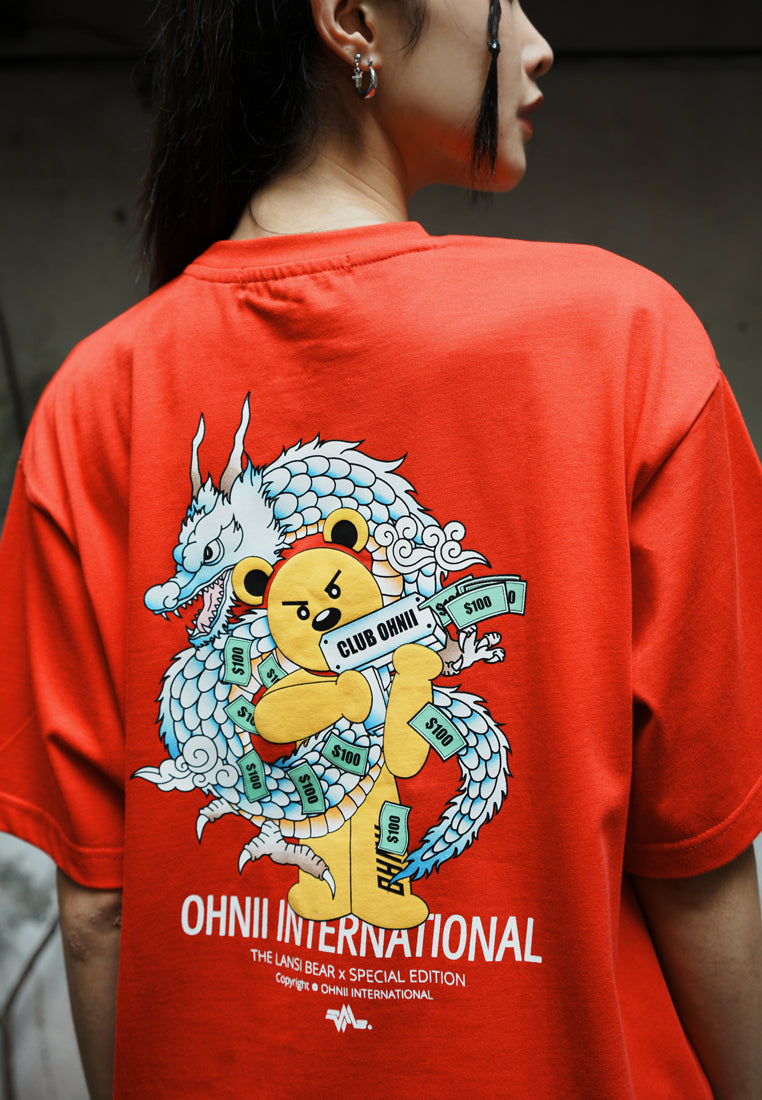 OVERSIZED DRAGON BEAR COTTON JERSEY TSHIRT (RED BACK)