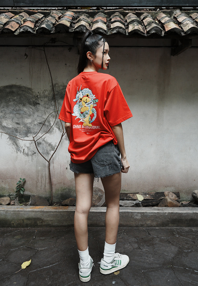 OVERSIZED DRAGON BEAR COTTON JERSEY TSHIRT (RED BACK)