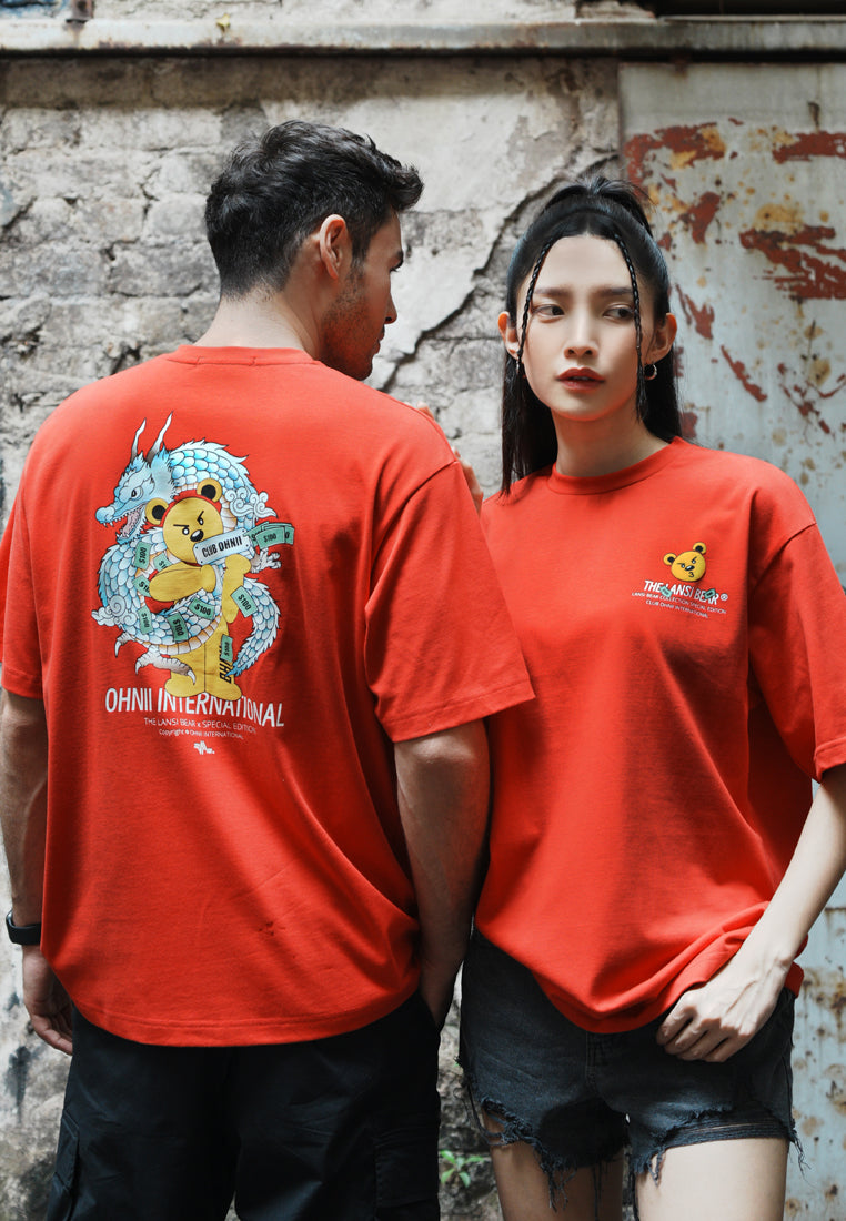 OVERSIZED DRAGON BEAR COTTON JERSEY TSHIRT (RED BACK)