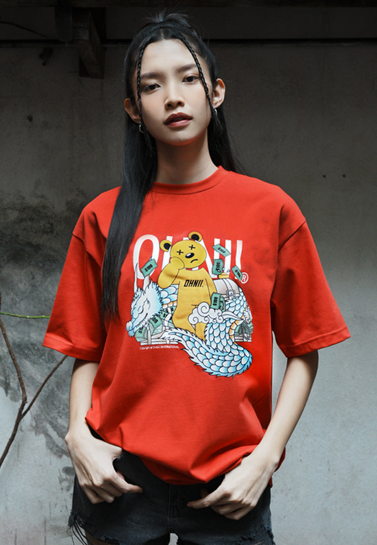 OVERSIZED DRAGON BEAR COTTON JERSEY TSHIRT (RED FRONT)