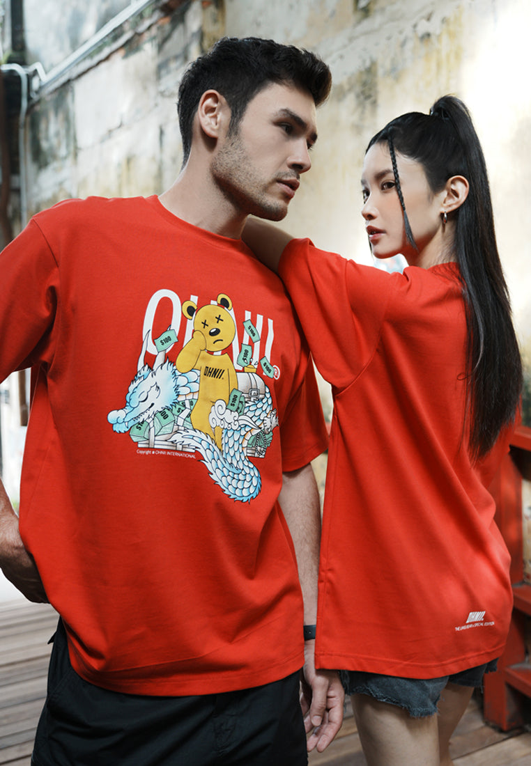 OVERSIZED DRAGON BEAR COTTON JERSEY TSHIRT (RED FRONT)