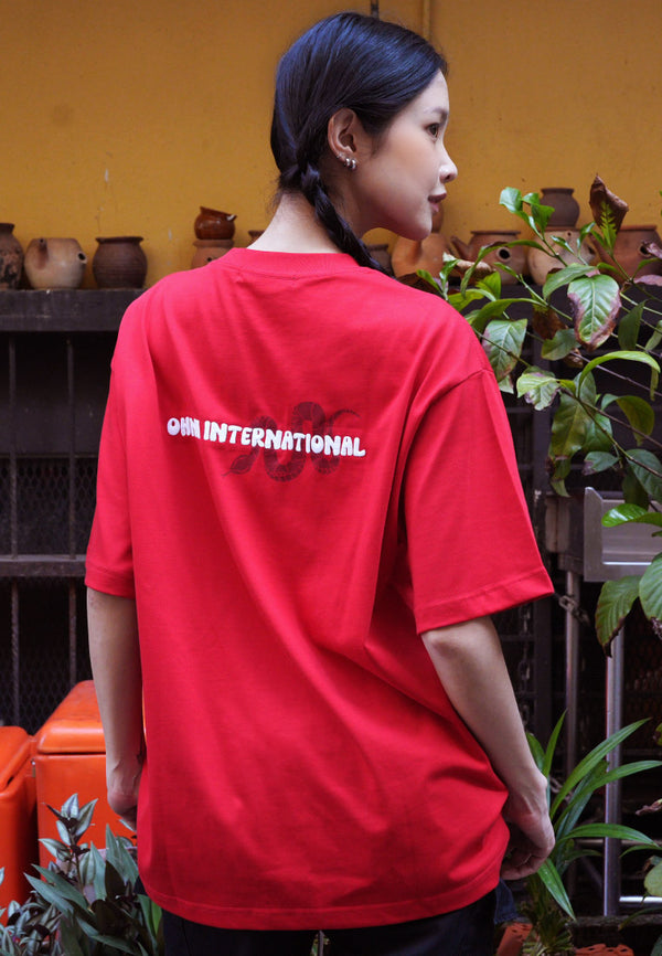OVERSIZED FRONT SNAKE HAUGHTY BEAR (RED) COTTON JERSEY TSHIRT