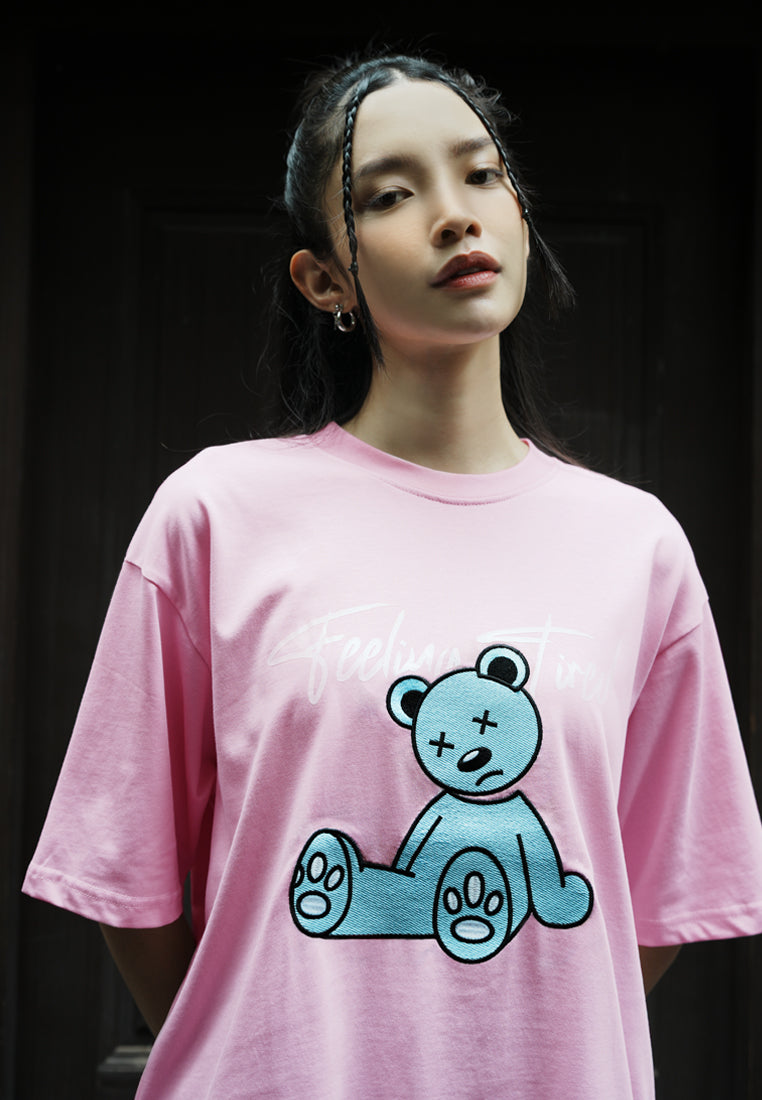 OVERSIZED FEELING TIRED GLOW IN THE DARK BEAR COTTON JERSEY TSHIRT (PINK)