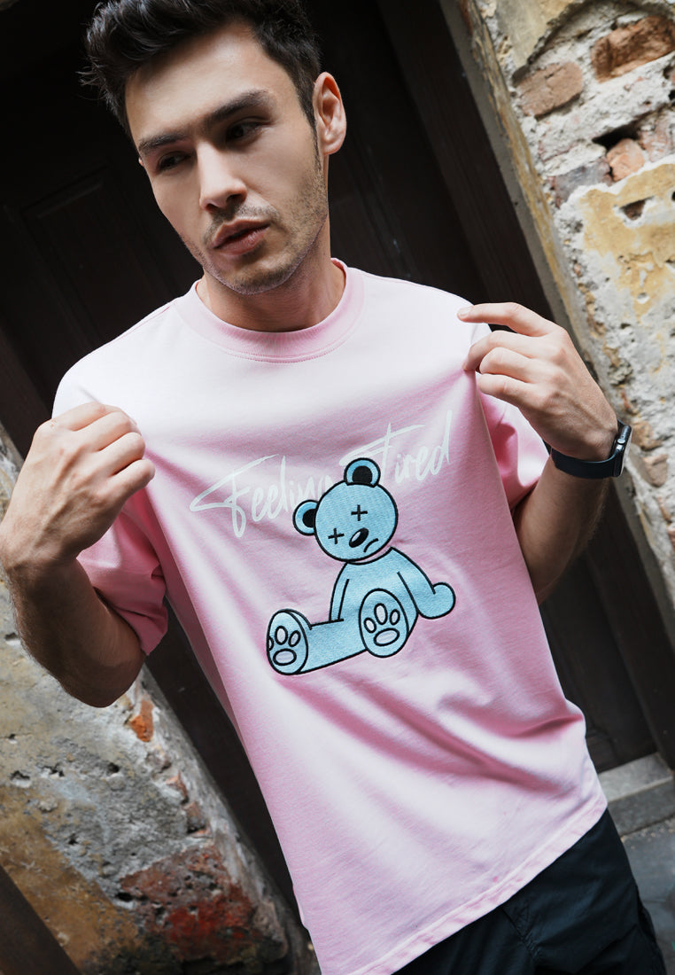 OVERSIZED FEELING TIRED GLOW IN THE DARK BEAR COTTON JERSEY TSHIRT (PINK)