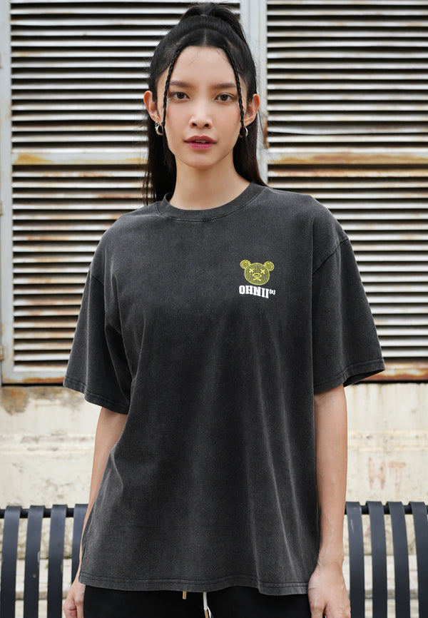 OVERSIZED MONOLINE LANSI BEAR COTTON JERSEY TSHIRT (STONE WASH BLACK)