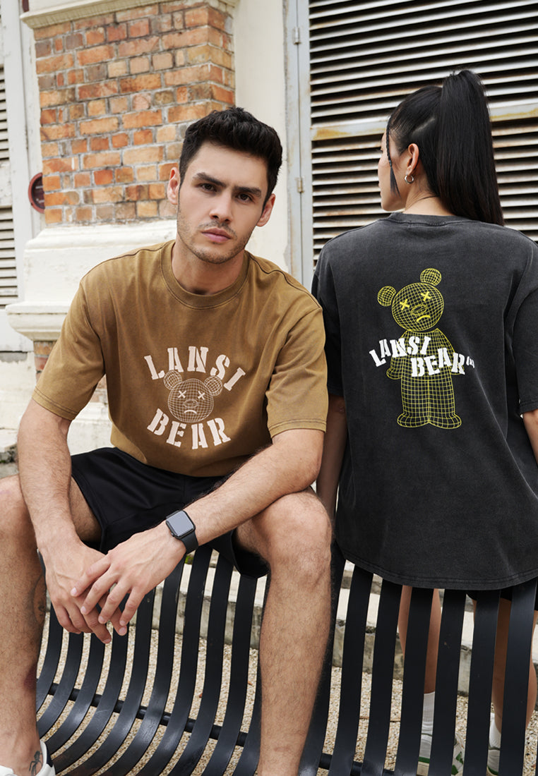 OVERSIZED MONOLINE BEAR COTTON JERSEY TSHIRT (STONE WASH BROWN)