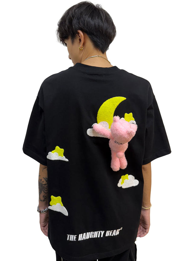 OVERSIZED MOON PLUSH TOY HAUGHTY BEAR COTTON JERSEY TSHIRT (BLACK)