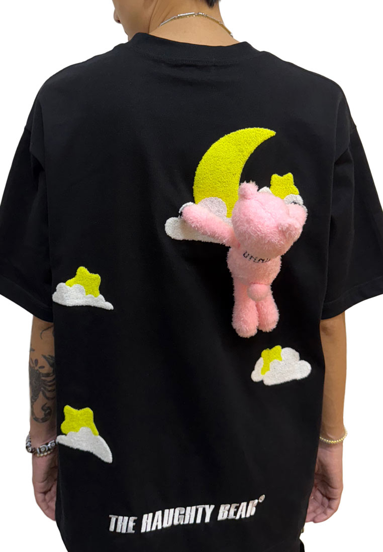 OVERSIZED MOON PLUSH TOY HAUGHTY BEAR COTTON JERSEY TSHIRT (BLACK)