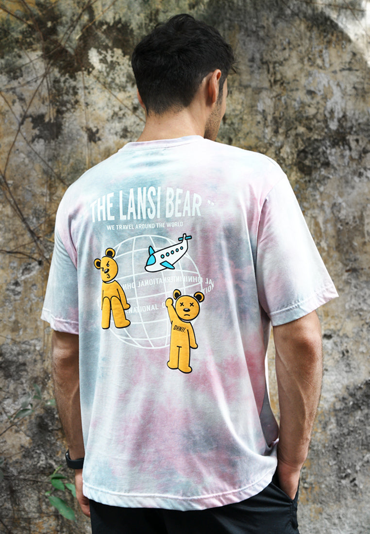 TRAVELLING BEAR TIED DYE PINK COTTON JERSEY TSHIRT