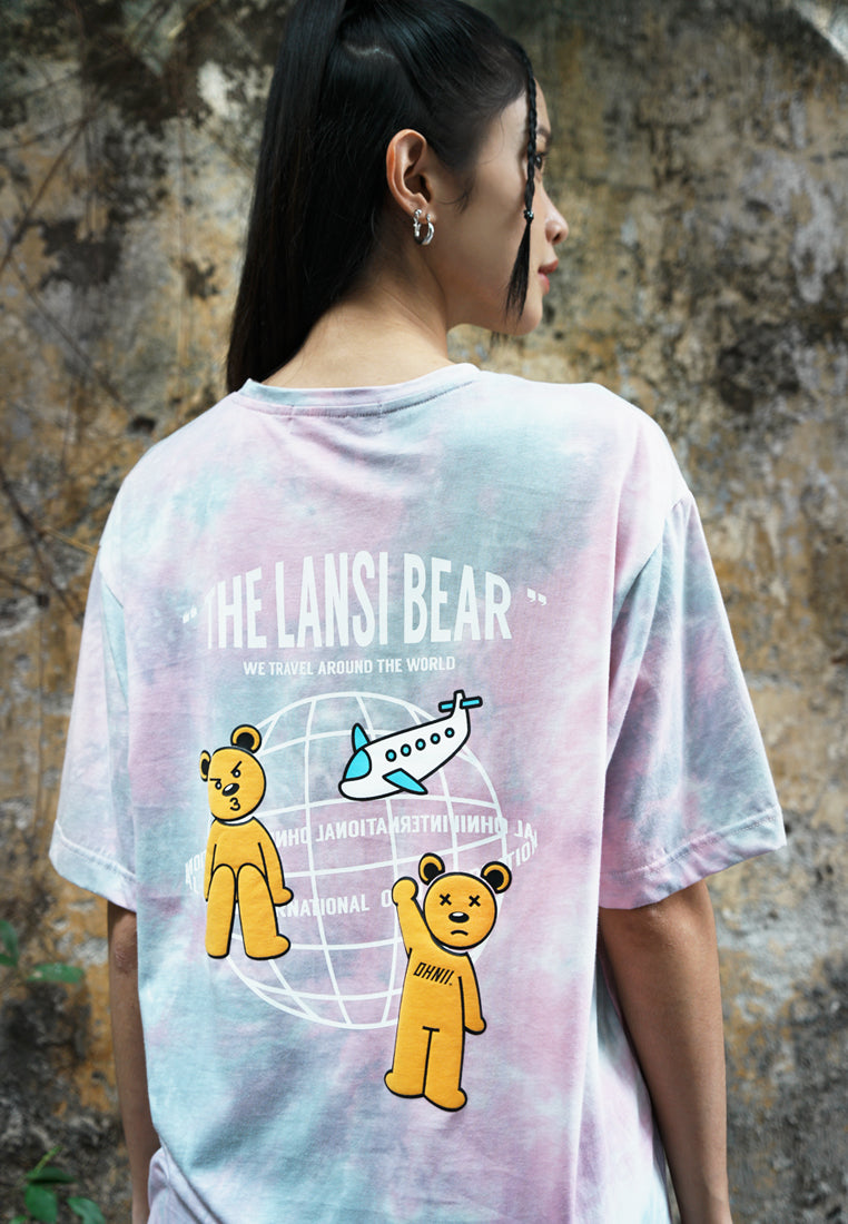 TRAVELLING BEAR TIED DYE PINK COTTON JERSEY TSHIRT