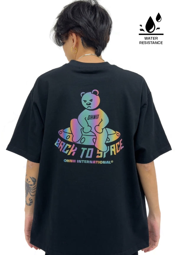 WATER-RESISTANCE: OVERSIZED BACK TO SPACE BEAR (BLACK) COTTON JERSEY TSHIRT