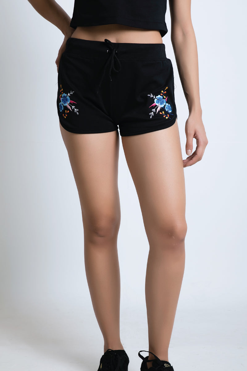 EMBROIDERED BLUE SCORPION LILY FLORAL Women SHORTS - Ohnii Official Site