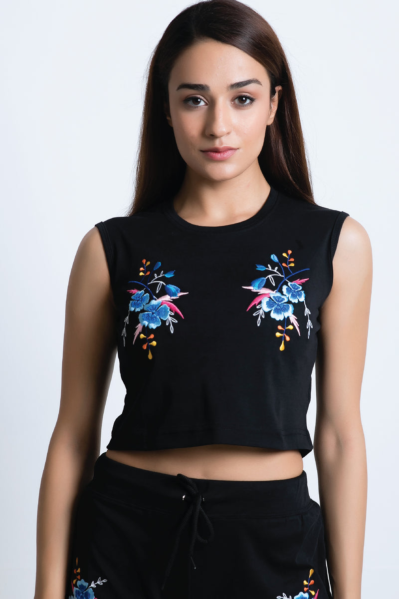 EMBROIDERED BLUE SCORPION LILY FLORAL Women CROP TOP - Ohnii Official Site