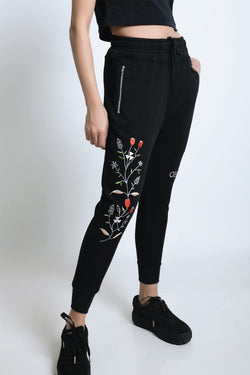EMBROIDERED WILD FLOWER JOGGER PANTS - Ohnii Official Site