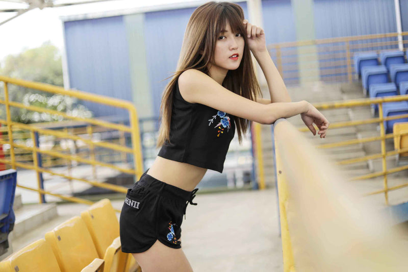 EMBROIDERED BLUE SCORPION LILY FLORAL Women CROP TOP - Ohnii Official Site