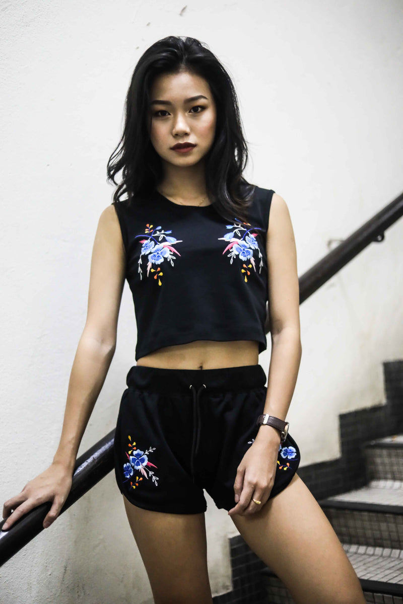 EMBROIDERED BLUE SCORPION LILY FLORAL Women CROP TOP - Ohnii Official Site