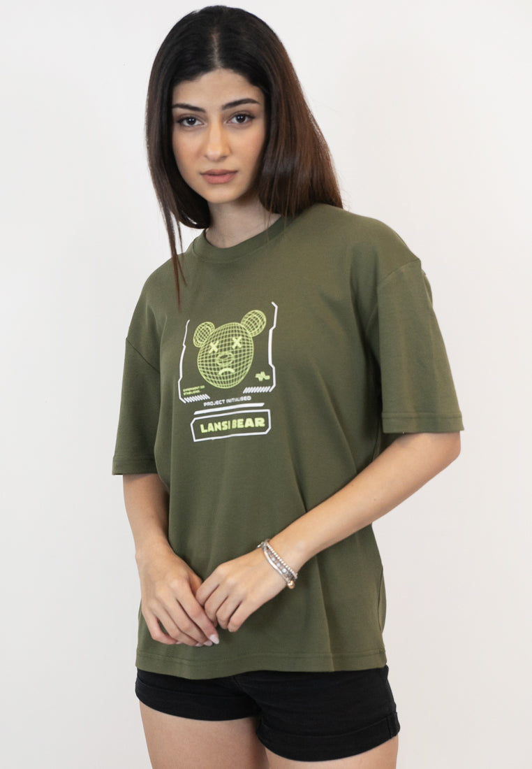 OVERSIZED LANSI BEAR COTTON JERSEY TSHIRT (ARMY GREEN) - Ohnii Official Site