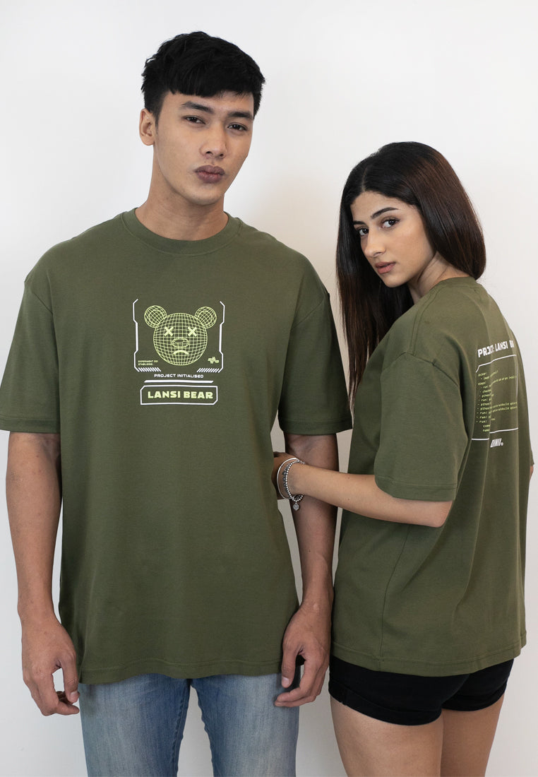 OVERSIZED LANSI BEAR COTTON JERSEY TSHIRT (ARMY GREEN) - Ohnii Official Site