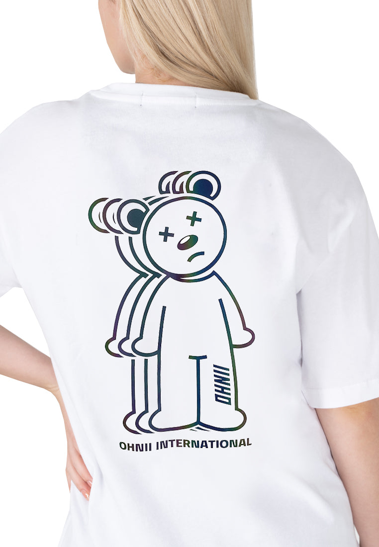 OVERSIZED RAINBOW REFLECTIVE BEAR COTTON JERSEY TSHIRT (WHITE)